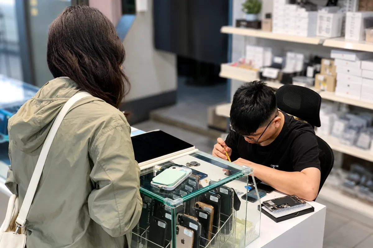 3C工具人店內接待客人並檢查手機狀況