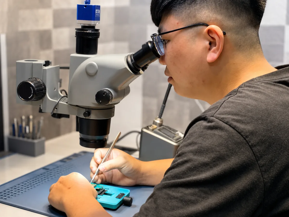3C工具人使用顯微鏡檢查手機零件